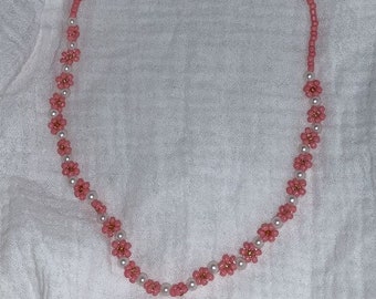 Pink Flower & Pearl Seed Bead Necklace