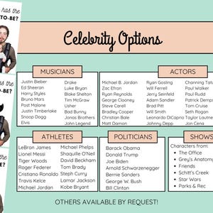 May include: A printable game card with a light blue background and a pink and white border. The card has the text "Who has the DAD-TO-BE?" and a picture of a baby in a carrier. The card is part of a game to guess who is the father-to-be. The card also includes a list of celebrity options for the game, including musicians, athletes, actors, politicians, and shows/movies.