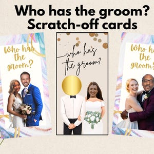 Bridal Shower Game - Who has the groom? Scratch off cards, custom with groom&#39;s face & celebrity faces Engagement party game Scratcher