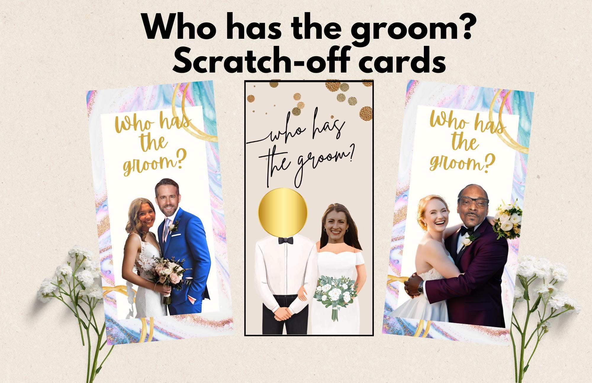 Bridal Shower Game - Who has the groom? Scratch off cards, custom with groom's face & celebrity faces Engagement party game Scratcher