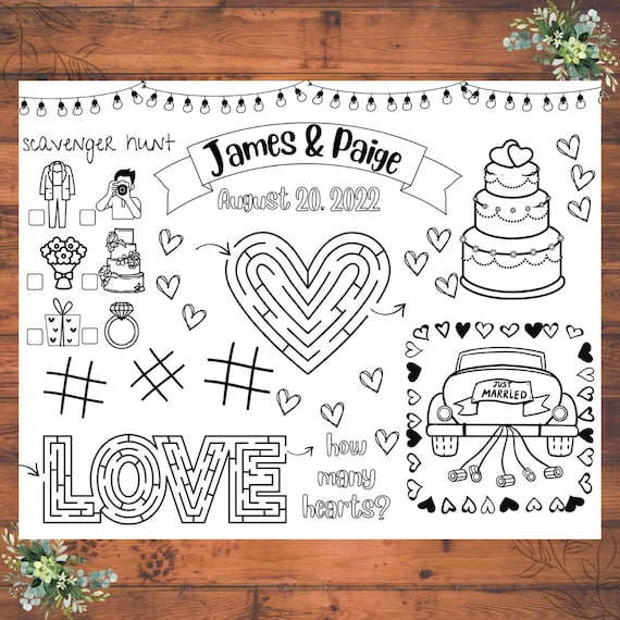 Wedding Coloring Placemat PRINTABLE DIGITAL Customized Etsy