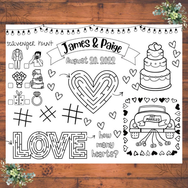 Wedding Coloring Placemat, PRINTABLE DIGITAL, Customized, Activity Mat, Keep Kids Busy at the Reception