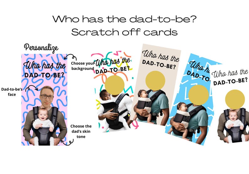 Baby Shower Game - Who has the dad to be? Scratch off cards, custom with dad's face & celebrity faces Who has the dad? Who has the daddy? image 2