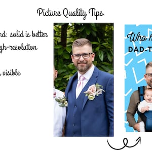 May include: A photo booth prop with a blue background and white zig-zag lines. The text "Who has the DAD-TO-BE?" is printed in white on the prop. A man is wearing the prop, holding a baby in a baby carrier.