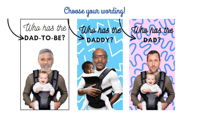 Baby Shower Game - Who has the dad to be? Scratch off cards, custom with dad's face & celebrity faces Who has the dad? Who has the daddy? image 5