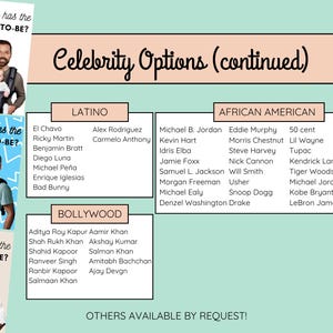 May include: A pink and white graphic with the text "Celebrity Options (continued)" at the top. The graphic lists names of celebrities under the headings "Latino", "African American", and "Bollywood".