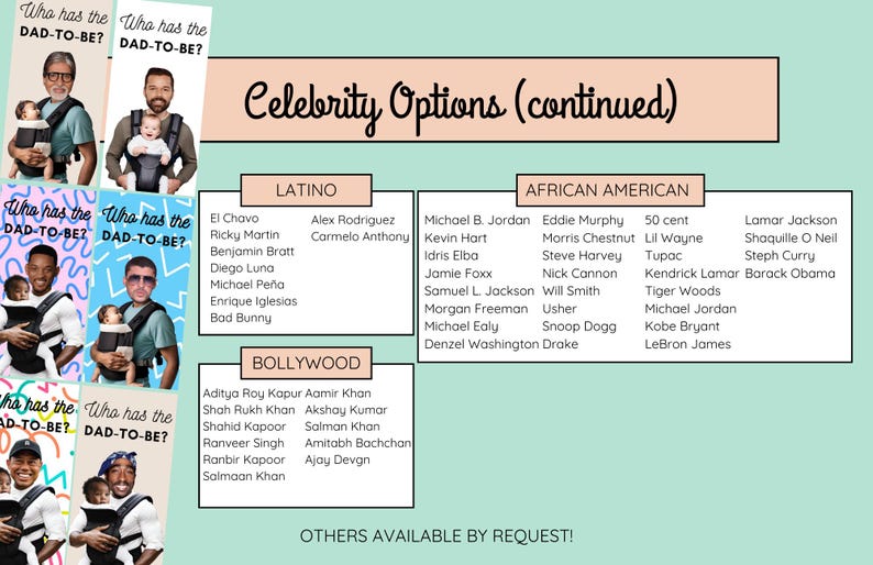 May include: A pink and white graphic with the text "Celebrity Options (continued)" at the top. The graphic lists names of celebrities under the headings "Latino", "African American", and "Bollywood".
