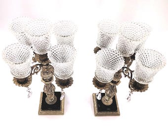 Dilly Mfg. Co. Italian 5-Arm Hobnail Shade Candelabras Pair with Hanging Crystals