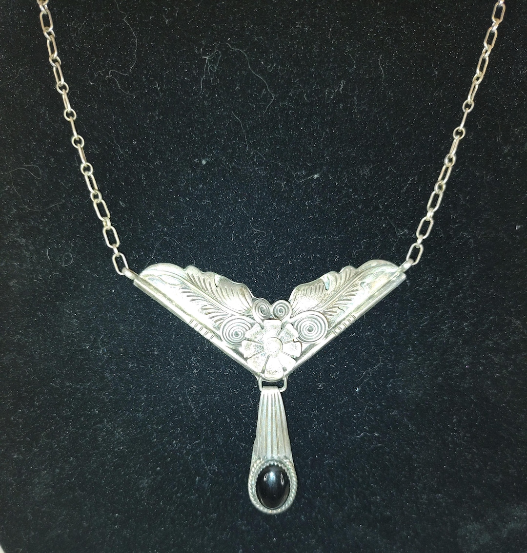 Vintage Sterling Silver Onyx Art Nouveau Necklace - Etsy