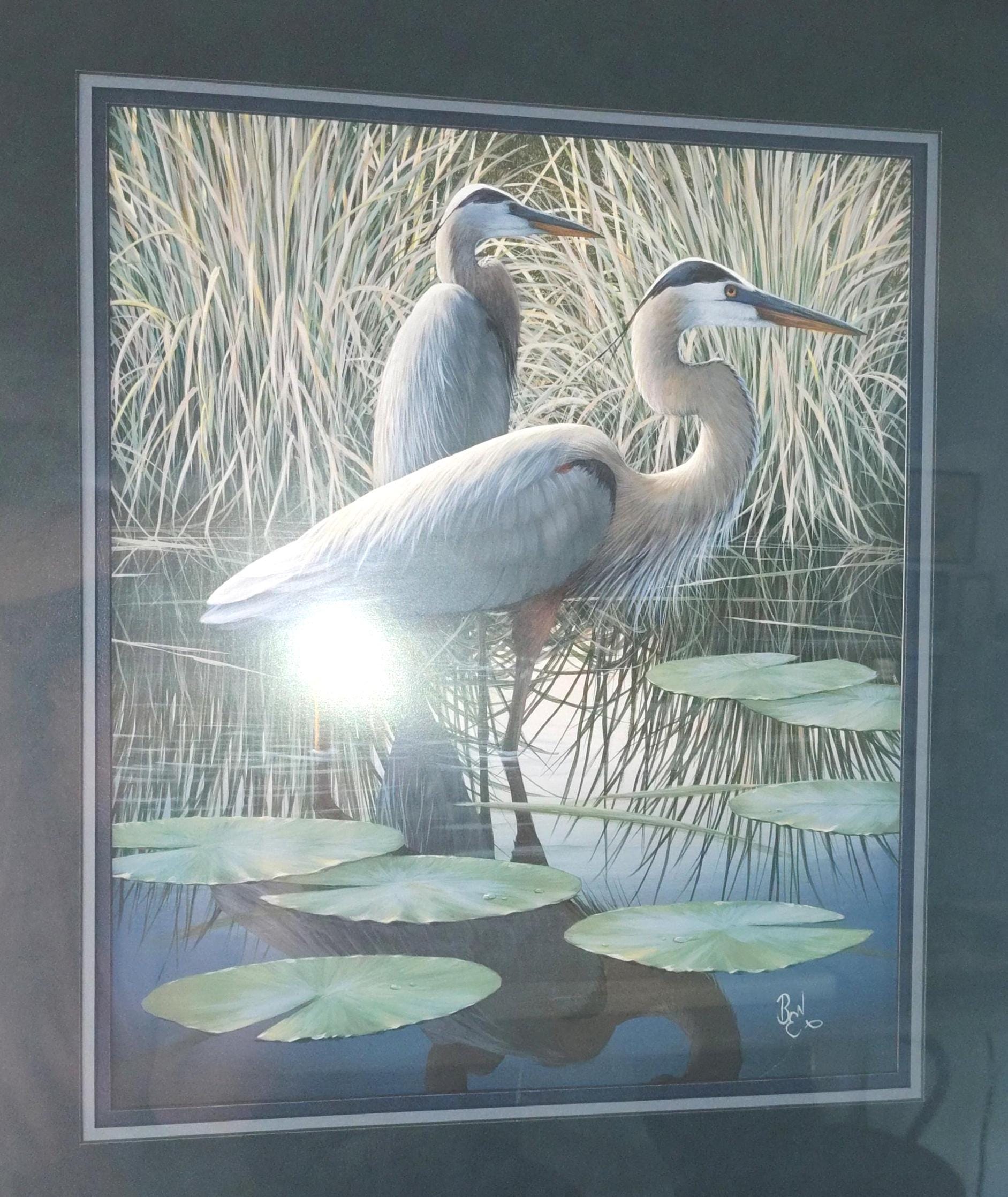 Vintage Signed Blue Herons Print by Ben W. Essenburg - Framed