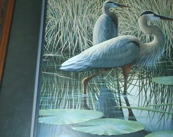 Vintage Signed Blue Herons Print by Ben W. Essenburg - Framed