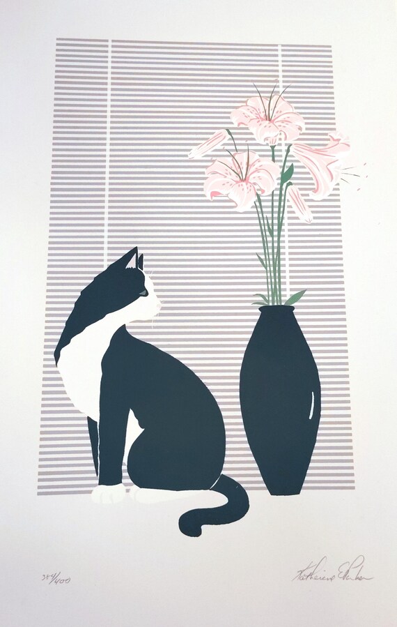 Black Cat With Lilies Lithograph by Katherine E. Parker - Etsy