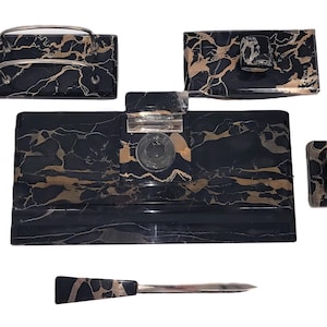 Vintage Travertine Marble 10-Piece Desk Set with Glass Inkwell