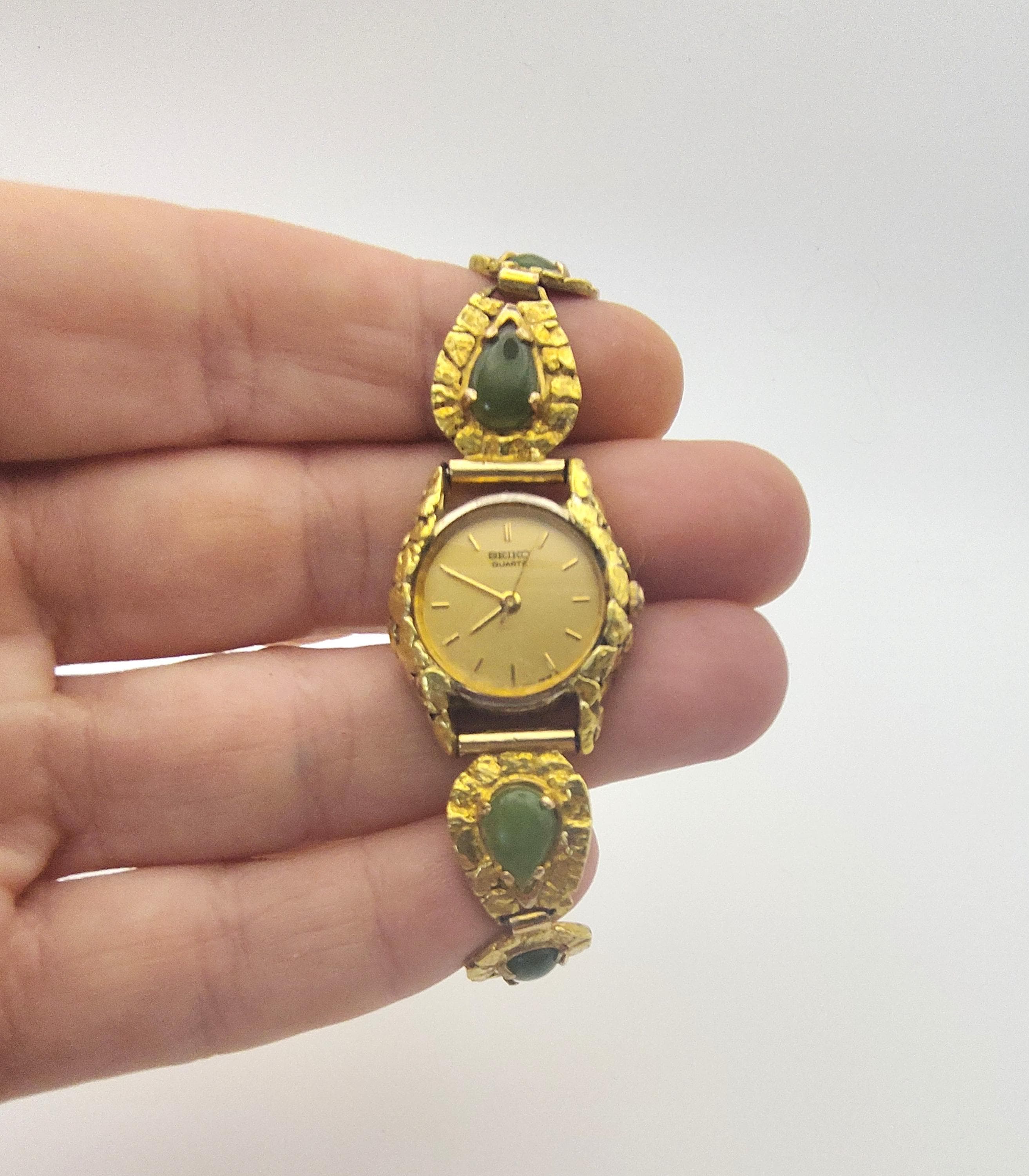 Vintage 1970s Seiko Quartz Ladies Watch 10K Gold Nuggets & Four