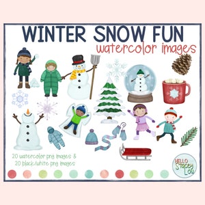 Zima Śnieg Zabawa Akwarela Clipart - Grudzień/Styczeń