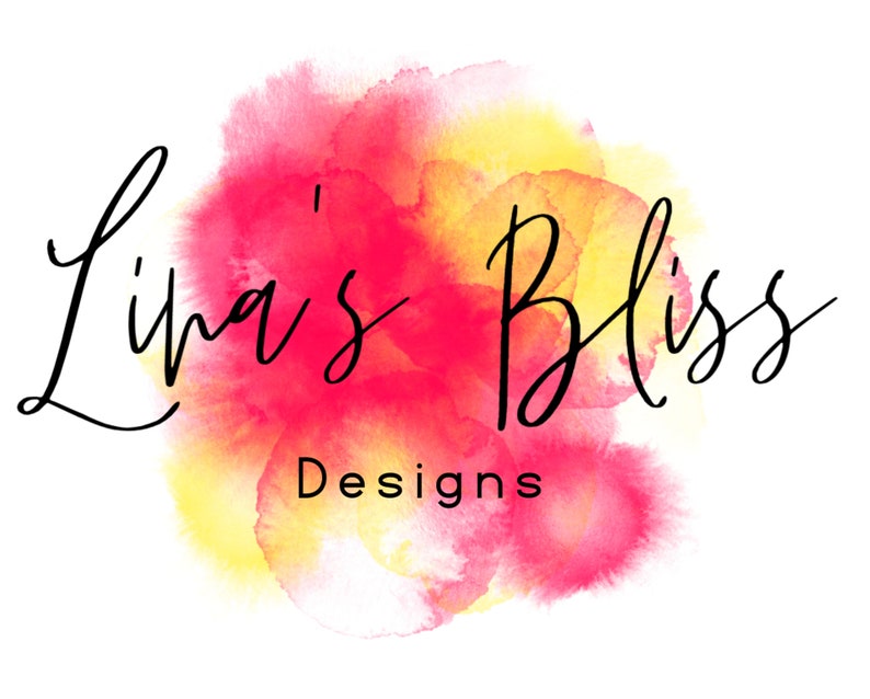May include: A watercolor logo with a yellow and red background. The text "Lina's Bliss Designs" is written in black cursive.