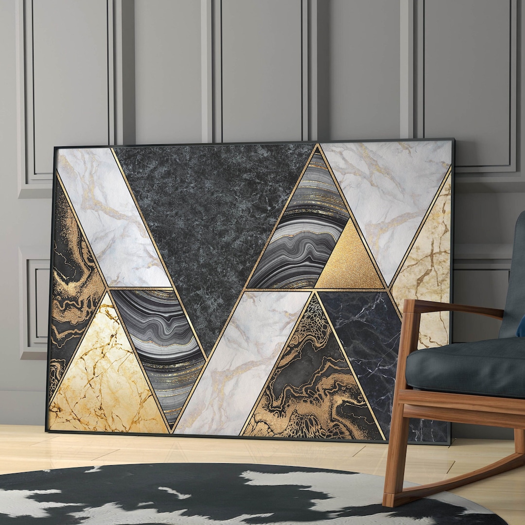 Abstract Black and White Gold Marble Wall Art, Stunning Print Wall Art