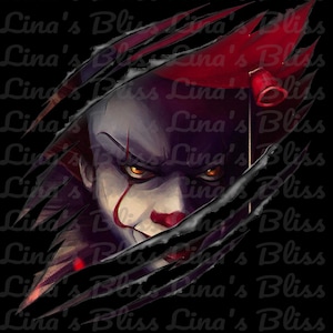 May include: A close-up of a scary clown's face peeking out from behind a ripped black background. The clown has red hair, a red nose, and a wide, toothy grin. The clown's eyes are bright orange and piercing.