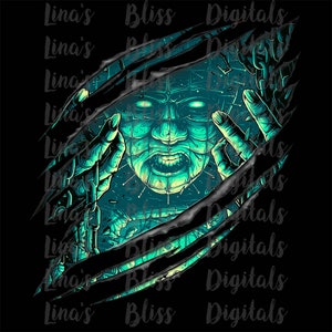 May include: A green and black digital illustration of a monster with a chain and spikes coming out of its head. The monster is shown through a ripped black background.