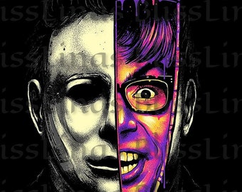 May include: A digital illustration of a split face. The left side of the face is a white mask with a black eye hole. The right side of the face is a colorful, cartoonish face with a purple and yellow skin tone, a wide smile, and a single eye. The two faces are split by a knife.