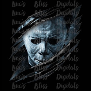 May include: A digital illustration of a horror movie character's face, with a ripped, torn, and shredded background. The character's face is partially obscured by the ripped background, with only the eyes, nose, and mouth visible. The background is black with white text that reads "Lina's Bliss Digitals".