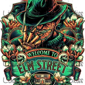 Puede incluir: Una ilustraci&oacute;n de Freddy Krueger, el personaje de terror ficticio de la serie de pel&iacute;culas Nightmare on Elm Street. La imagen presenta a Freddy Krueger con su caracter&iacute;stico sombrero fedora, un su&eacute;ter a rayas verde y rojo, y una sonrisa amenazante. El texto "Welcome to Elm Street" se muestra en una pancarta debajo de Freddy Krueger.