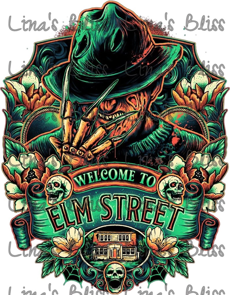 Puede incluir: Una ilustraci&oacute;n de Freddy Krueger, el personaje de terror ficticio de la serie de pel&iacute;culas Nightmare on Elm Street. La imagen presenta a Freddy Krueger con su caracter&iacute;stico sombrero fedora, un su&eacute;ter a rayas verde y rojo, y una sonrisa amenazante. El texto "Welcome to Elm Street" se muestra en una pancarta debajo de Freddy Krueger.