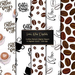 Puede incluir: Conjunto de papeles digitales con diseños de café. Incluye granos de café, tazas y las frases "Coffee Day" y "Coffee Break". El conjunto contiene 6 papeles digitales de 30,48 cm x 30,48 cm.