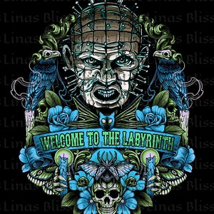 May include: A digital illustration of a scary character with a face covered in nails, surrounded by a gothic design with skulls, candles, and a banner that reads "Welcome to the Labyrinth".