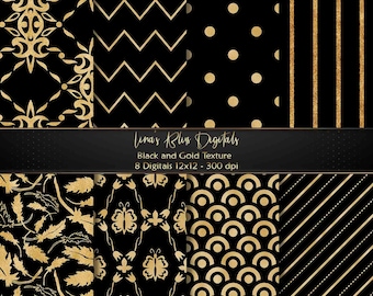 Black and Gold Digital Design, Digital Paper, Scrapbooking, Digital Instant Download, Gold Backgrounds, Black Texture Seamless Patterns