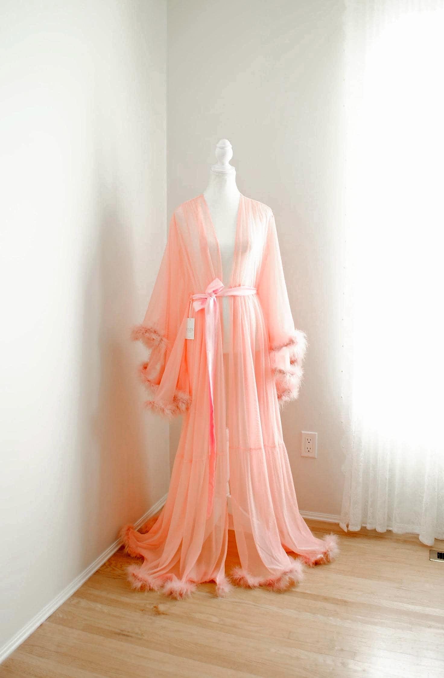 Dusty Pink Robe With Marabou Feather Trim - Long - Etsy