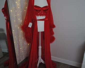 Red Feather Boudoir Robe - Handmade Robe | VIXEN Robes