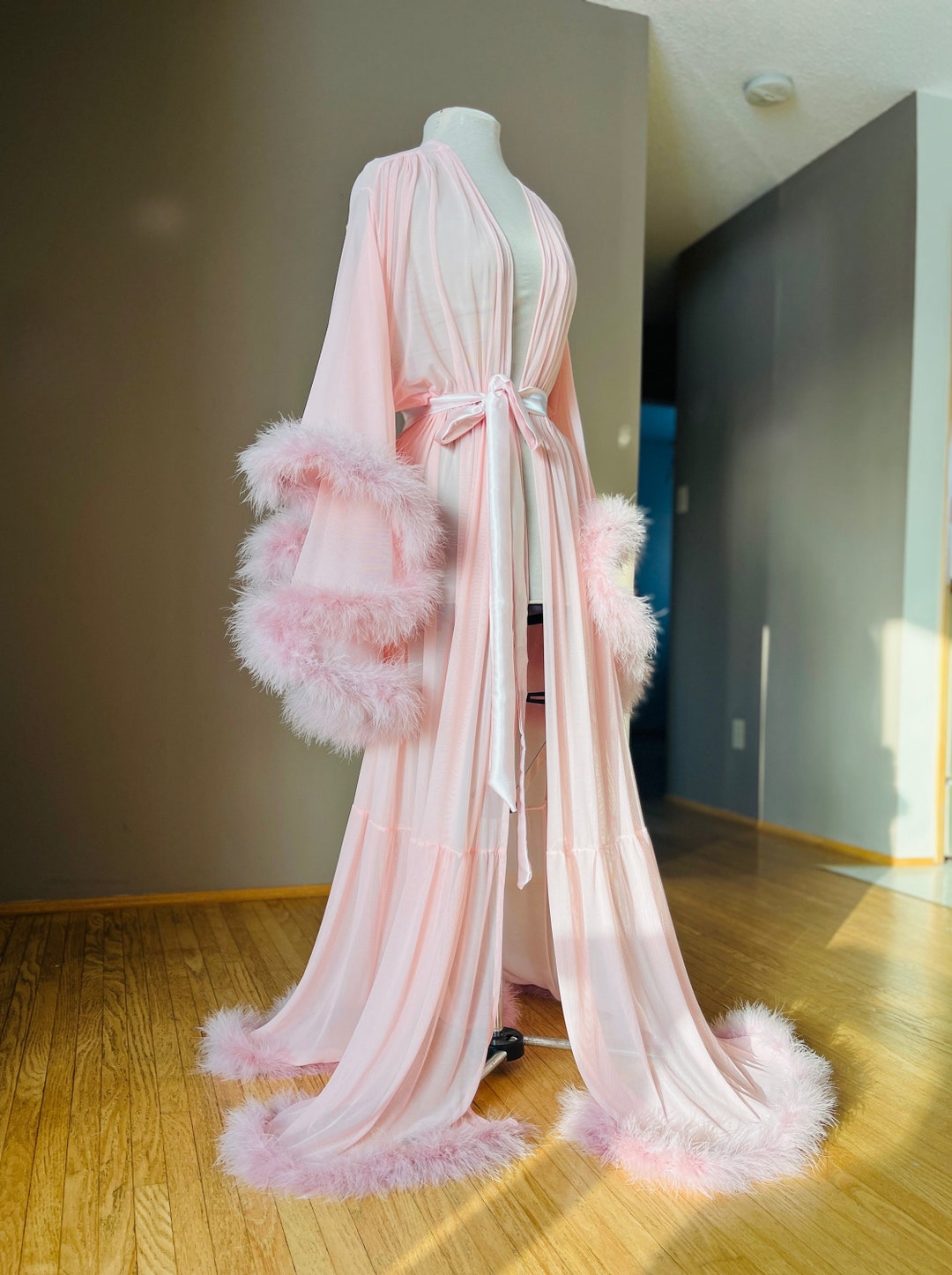 Dusty Pink Robe With Marabou Feather Trim Long Etsy