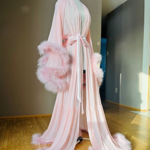 Dusty Pink Robe with Marabou Feather Trim - Long