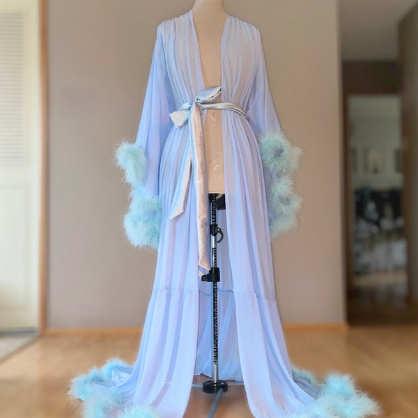 Baby Blue Robe with Marabou Feather Trim - Long