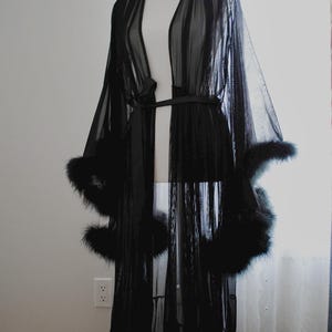 Long Black Marabou Feather Trim Robe
