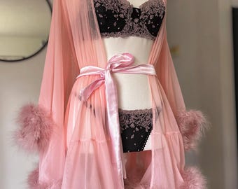 Pink Mini Feather Boudoir Bridal Robe - Handmade Robe | VIXEN Robes