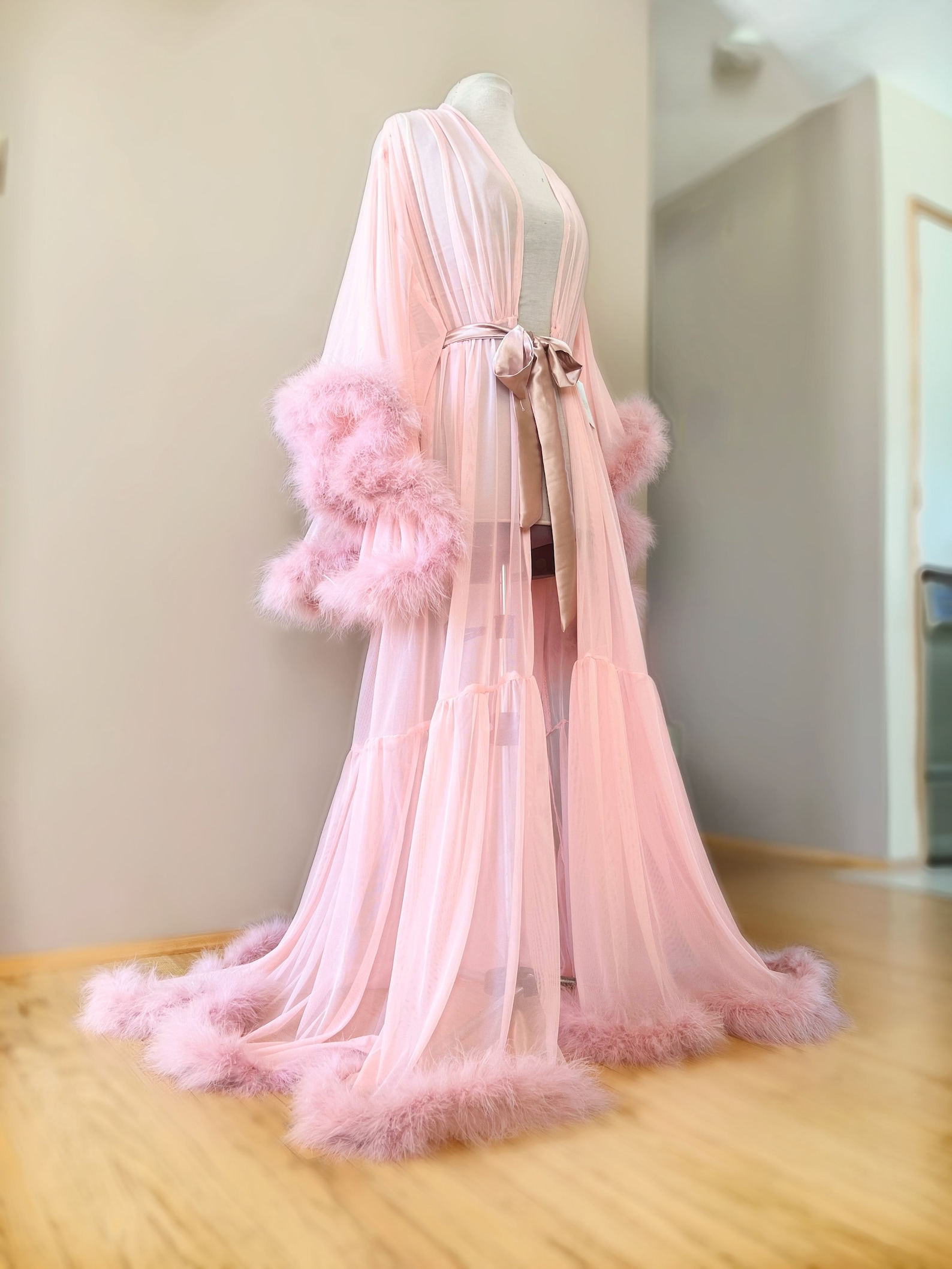 Dusty Pink Robe With Marabou Feather Trim Long Etsy