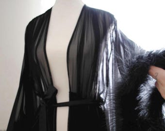 Black Mini Feather Boudoir Bridal Robe - Handmade Robe | VIXEN Robes