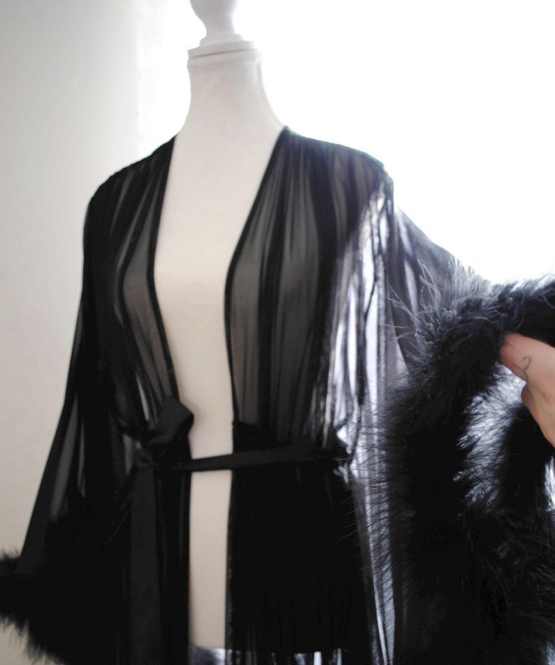 Black Mini Feather Boudoir Bridal Robe - Handmade Robe | VIXEN Robes image 1