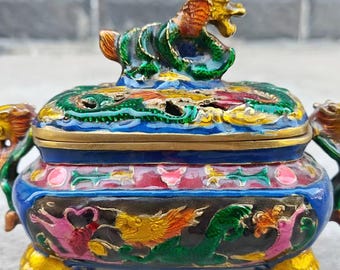 Vintage Cloisonne Copper Incense Burner, Brass Censer pot, Blue Copper Incense Holder, Incense Stick Holder Fire Cotton Cloud Pattern  Coil