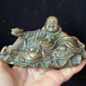 Rare Copper Happy Laugh Maitreya Buddha Wealth Statue,Brass Laughing Smiling Buddha Statue Budai Figure Buddhism Happiness God of Wealth Zen