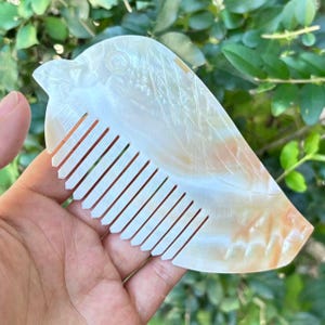 May include: A pearlescent bird-shaped comb with a white and tan color scheme. The comb features a detailed bird design with etched lines and a row of teeth for grooming. The comb is held in a hand against a backdrop of green foliage.