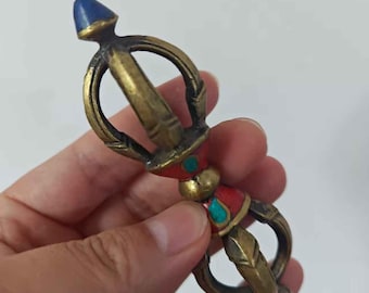 Nepal Buddha Vajra Bronze, Tibetan Brass Dorje, Long Phurpa Pestle, Vajra Exorcism Prayer, Tibet amulet Esoteric Dorje Magic Thunderbolt