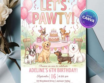 Invitación de cumpleaños editable para perro, invitación para fiesta de cachorros "Let's Pawty" para niños, plantilla de cumpleaños para niños pequeños, descarga digital imprimible en Canva