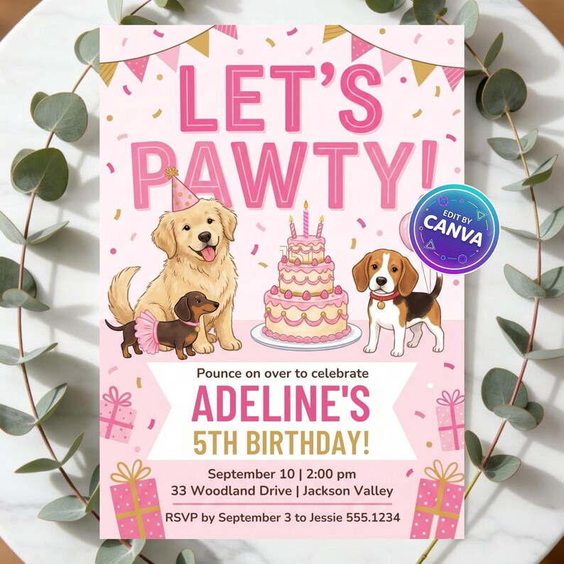 Pawty Birthday Invitation for Kids, Dog Puppy Party Invite, Editable ...