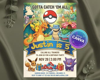 Invitación de cumpleaños editable de Pokémon, invitación para fiesta infantil de Pokémon, plantilla imprimible de Canva, descarga digital personalizada, divertida invitación de cumpleaños de dibujos animados.