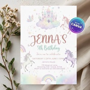 Unicorn 5th Birthday Invitation, Pastel Rainbow “Five is a Magical Vibe” Party Invite, Editable Canva Template, Printable Digital Download