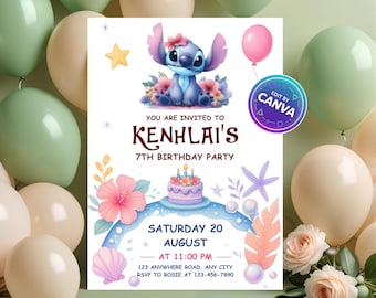 Stitch Birthday Invitation – Editable Kids Party Template, Instant Digital Download, Stitch Printable Invite