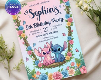 Invitación de cumpleaños de Stitch y Angel, plantilla editable de Canva de 5x7 pulgadas, archivo digital imprimible.